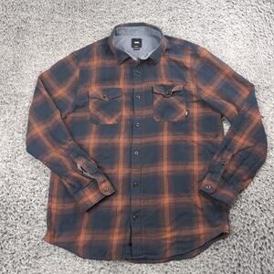 VANS Shirt Men Medium Blue Brown Plaid Check Button Long Sleeve Skater Casual